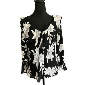 Lauren Ralph Lauren Silk Ruffle Neck 3/4 Sleeve Floral Blouse‎ Womens Size 8